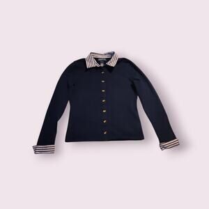 Jones‎ New York Women's Cardigan Sweater Size Small Navy Striped Collar/Cuff